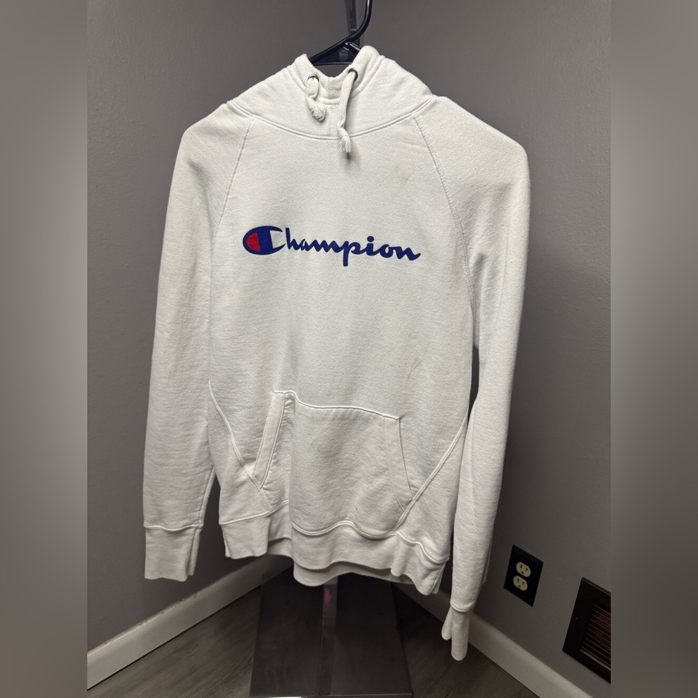 Champion White Crewneck Hoodie with Blue & Red Logo
